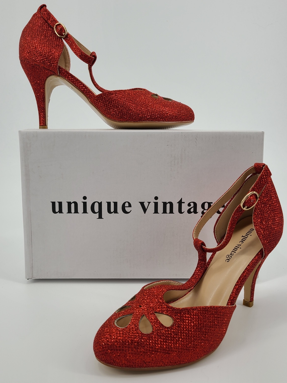 Unique Vintage Red Glitter T-Strap Heels Size 6